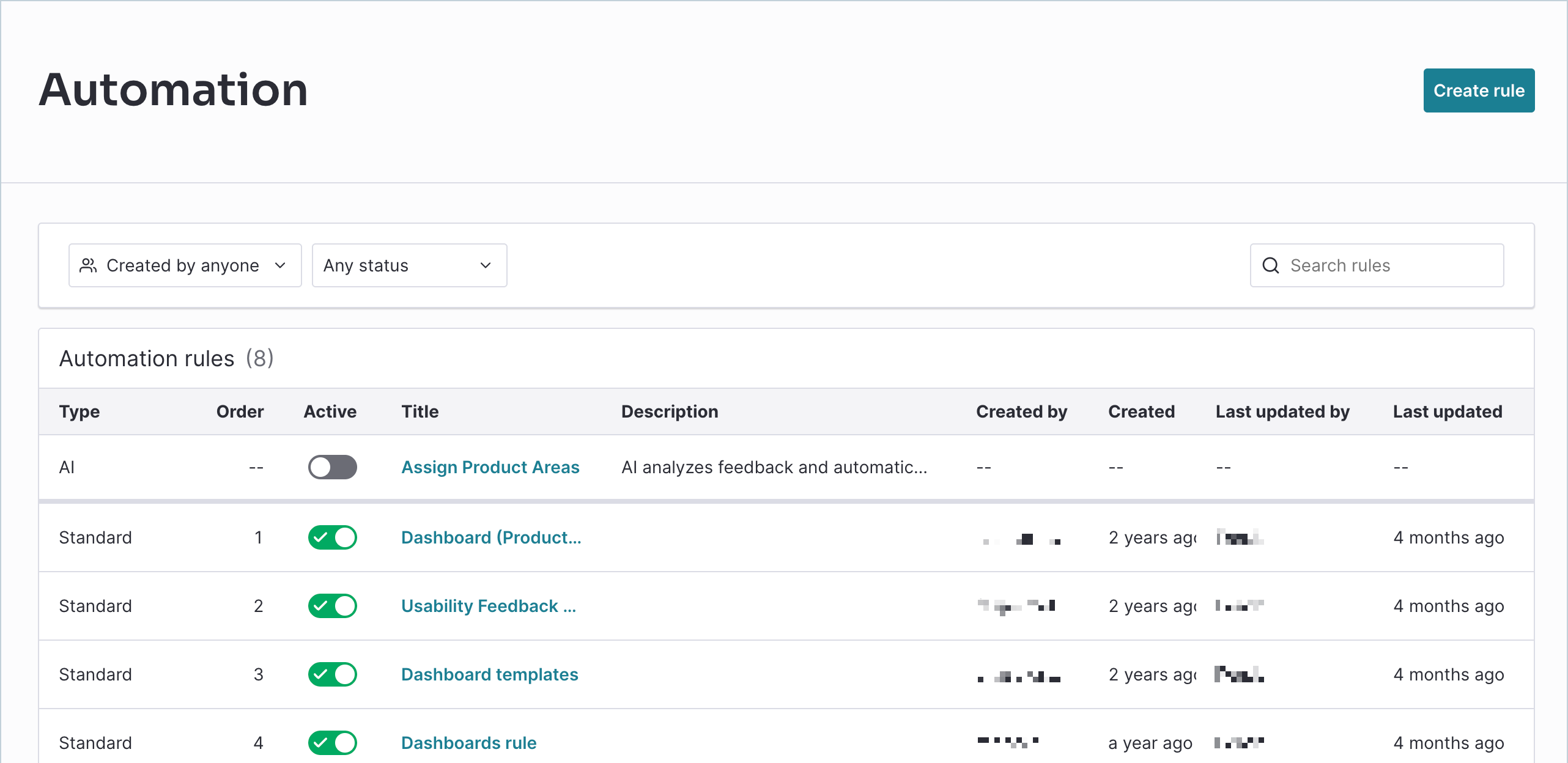 Product Area Assign with AI toggle in Automation rules table
