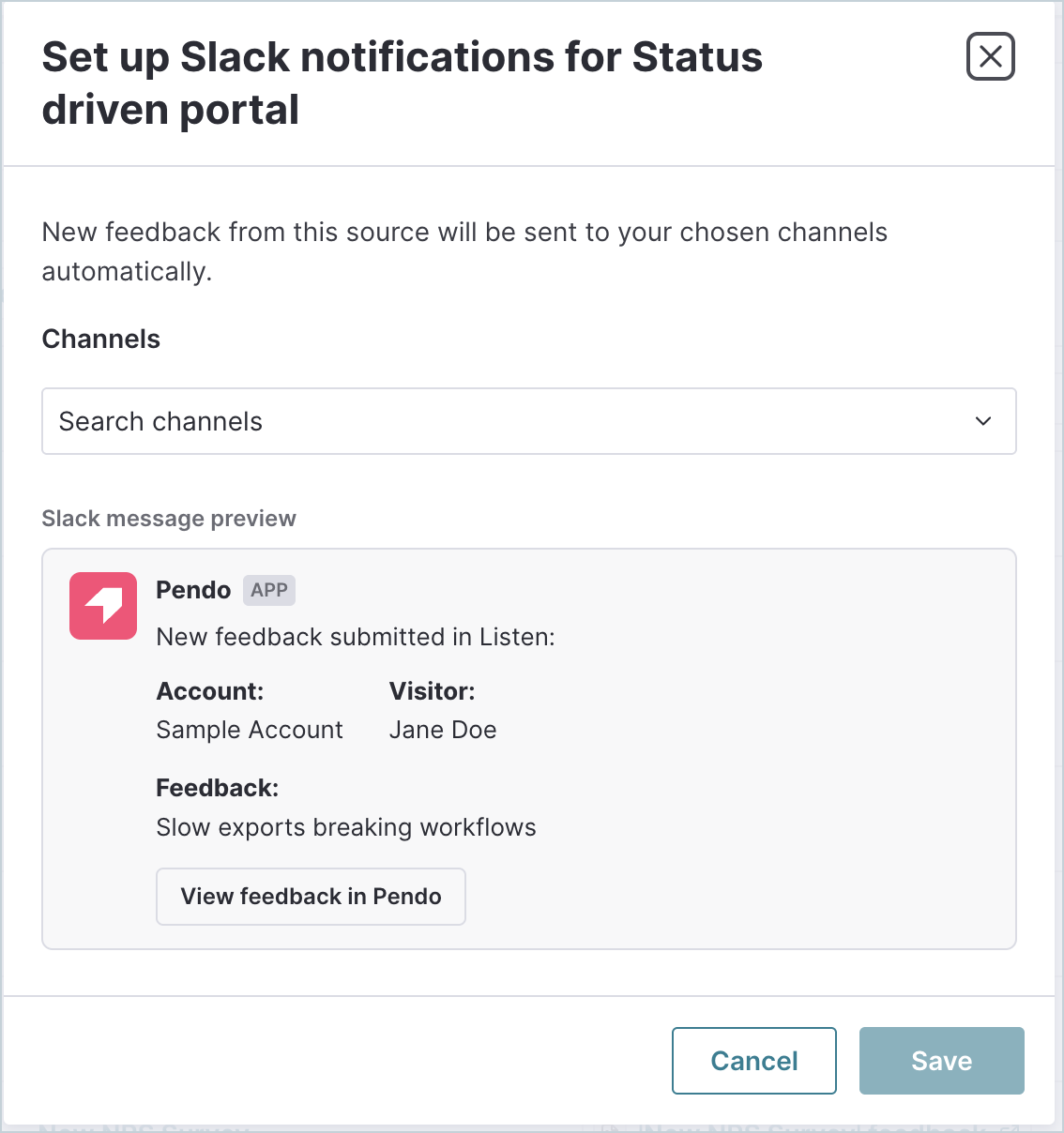 The Send to Slack modal showing feedback source notification setup