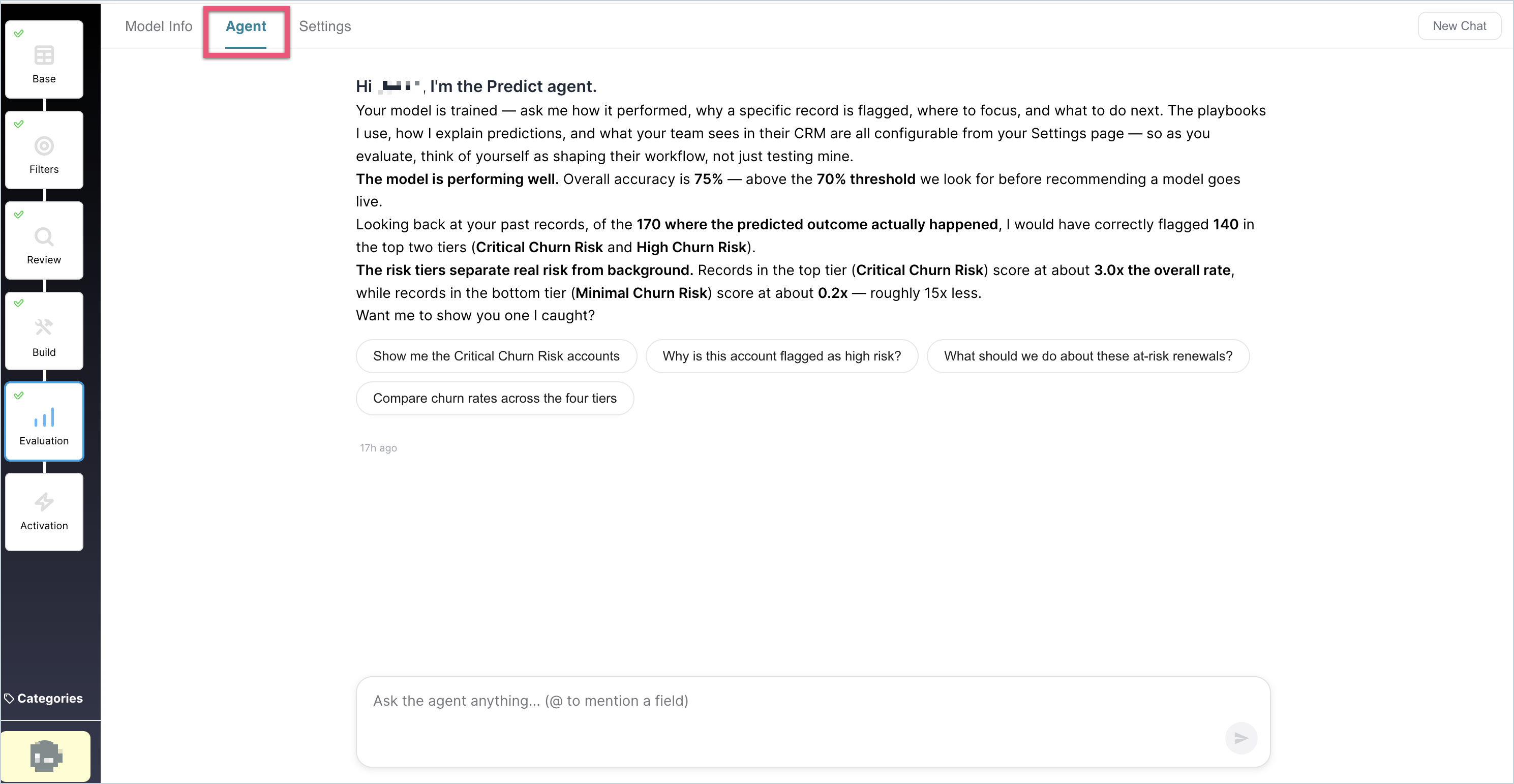 Predict agent chat chat view showing a generated insight and follow-up questions.